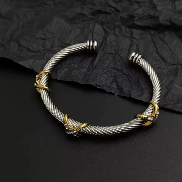 Two-Tone Silver and Gold Twisted Cable Cuff with Crystal Knots - Picture 3 of 6